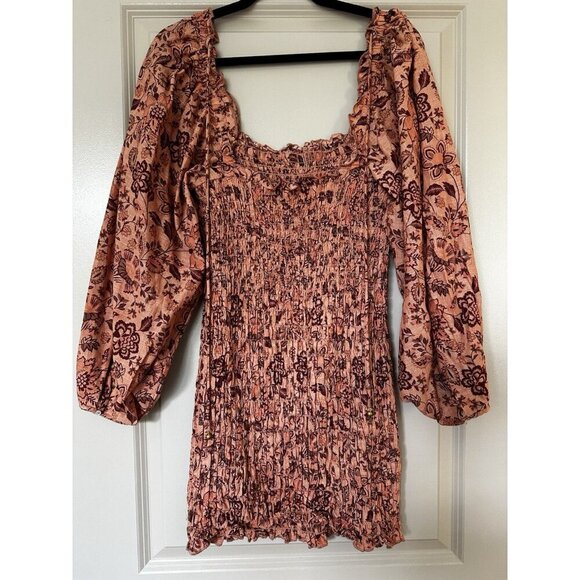 Free People Smock It To Me Mini Dress in Apricot Combo Medium Balloon Sleeve - Picture 4 of 9